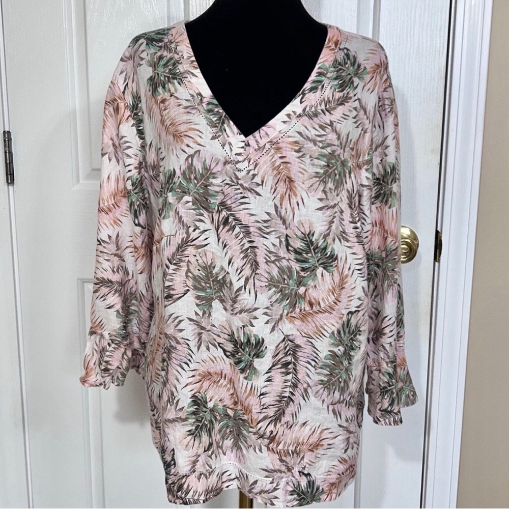J. Jill Love Linen Tropical Leaf V-Neck Tunic Blouse Top Pink Green Size XL